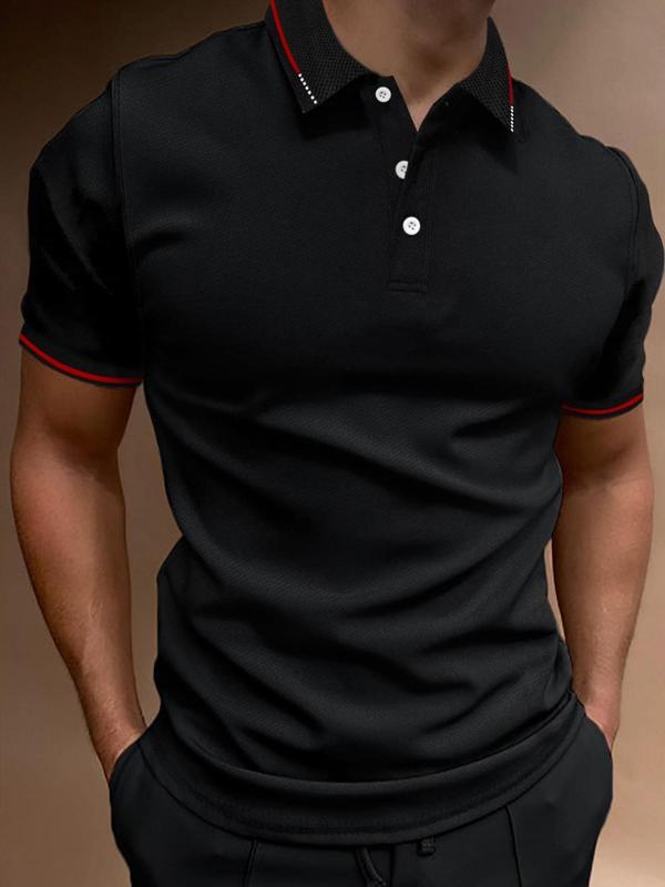 Men's Regular Fit Contrast Binding Short Sleeve Polo Shirt, Casual Streetwear Solid Button Front Top for Summer, Fashion Men's Clothes for Daily Wear