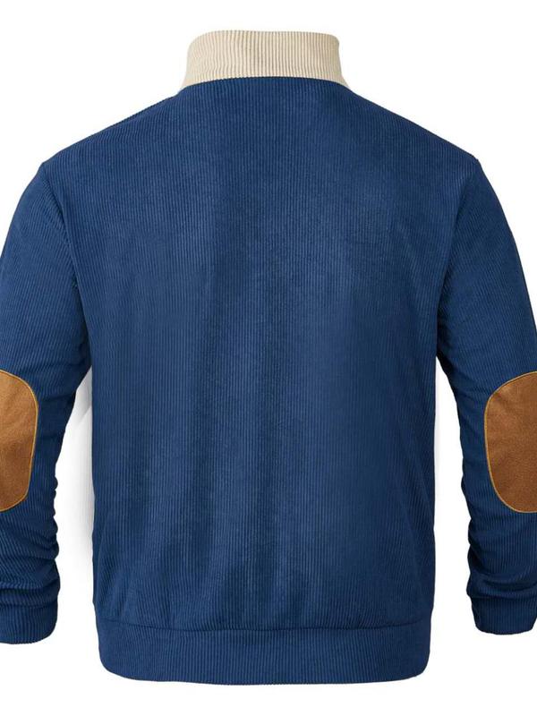 Men's Colorblock Half Button Corduroy Sweatshirt, Regular Fit Casual Long Sleeve Stand Collar Pullover for Spring & Fall, Fashion Men's Clothing for Daily Wear