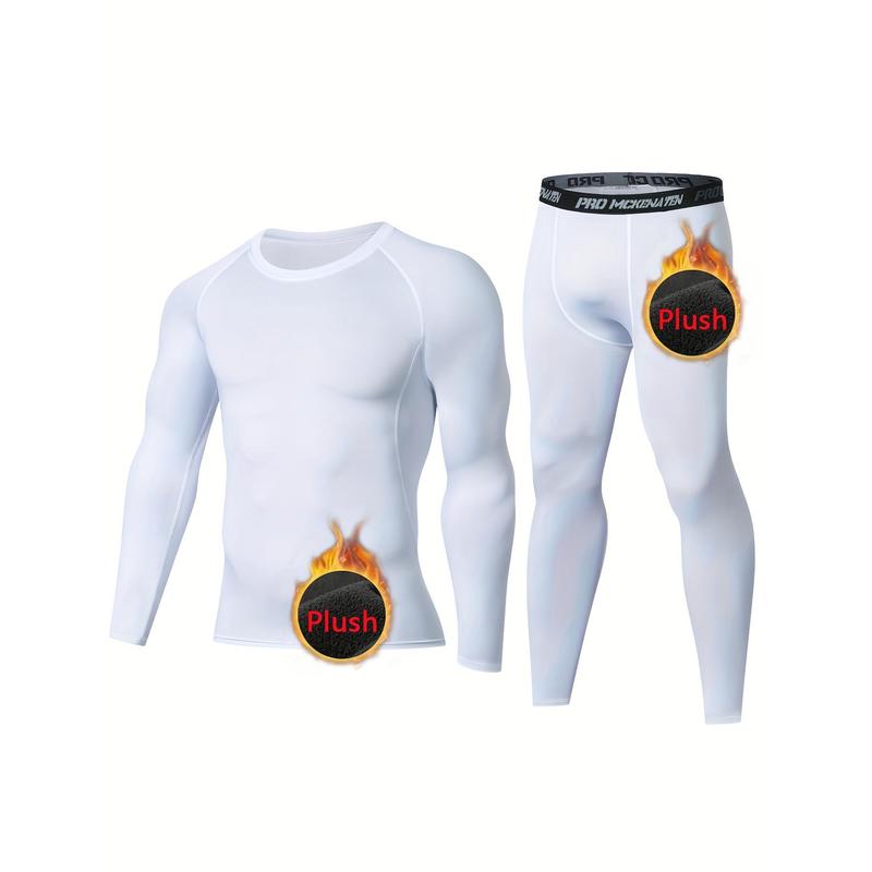 Men's Thermal Underwear Set, Skiing Winter Warm Base Layers, Tight Long Sleeve Round Neck Top & Bottom Pants Set