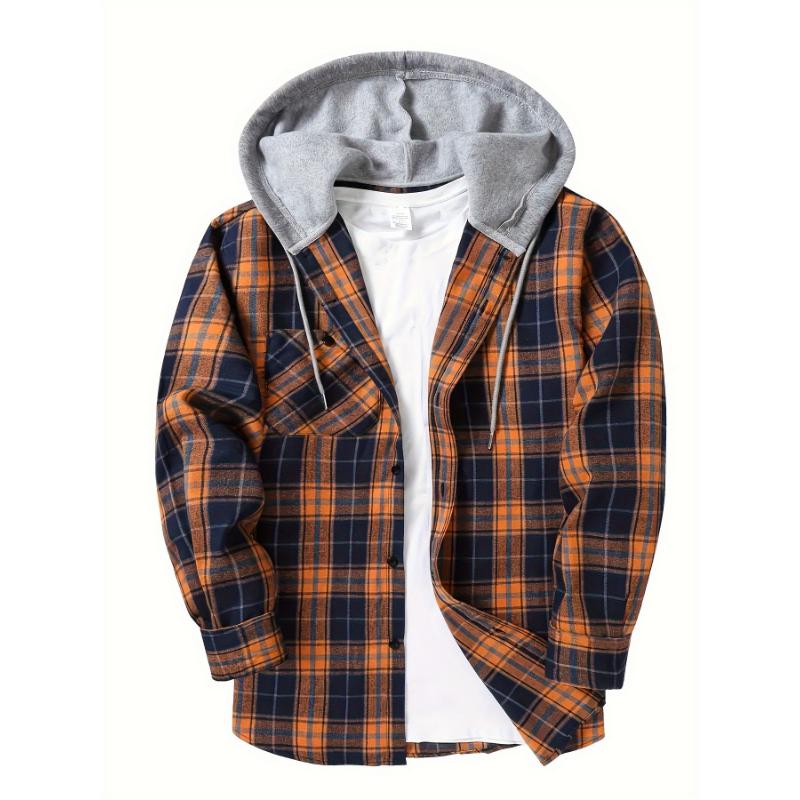 Long Sleeve Men's Plaid Pattern Hooded Shirt Jacket with Chest Pocket, Casual Fall Winter Outwear Menswear Streetwear Pants