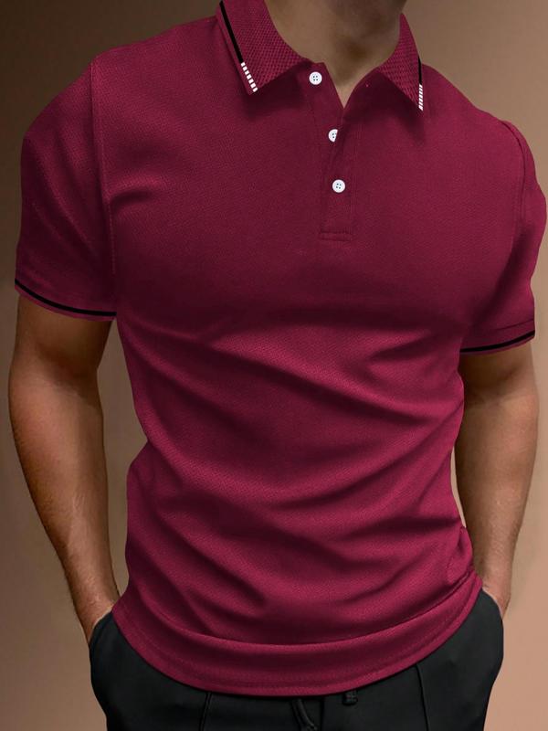 Men's Regular Fit Contrast Binding Short Sleeve Polo Shirt, Casual Streetwear Solid Button Front Top for Summer, Fashion Men's Clothes for Daily Wear