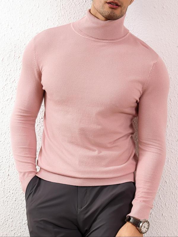 Men's Slim Solid Long Sleeve Turtleneck Sweater, Casual High Neck Jumper for Fall & Winter, Fashion Men's Knitwear for Daily Wear