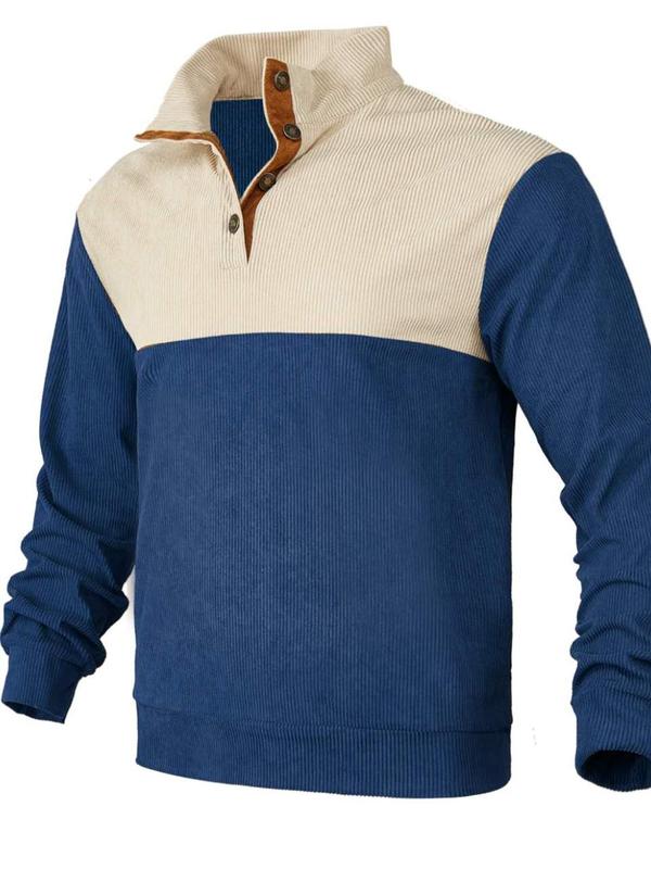 Men's Colorblock Half Button Corduroy Sweatshirt, Regular Fit Casual Long Sleeve Stand Collar Pullover for Spring & Fall, Fashion Men's Clothing for Daily Wear