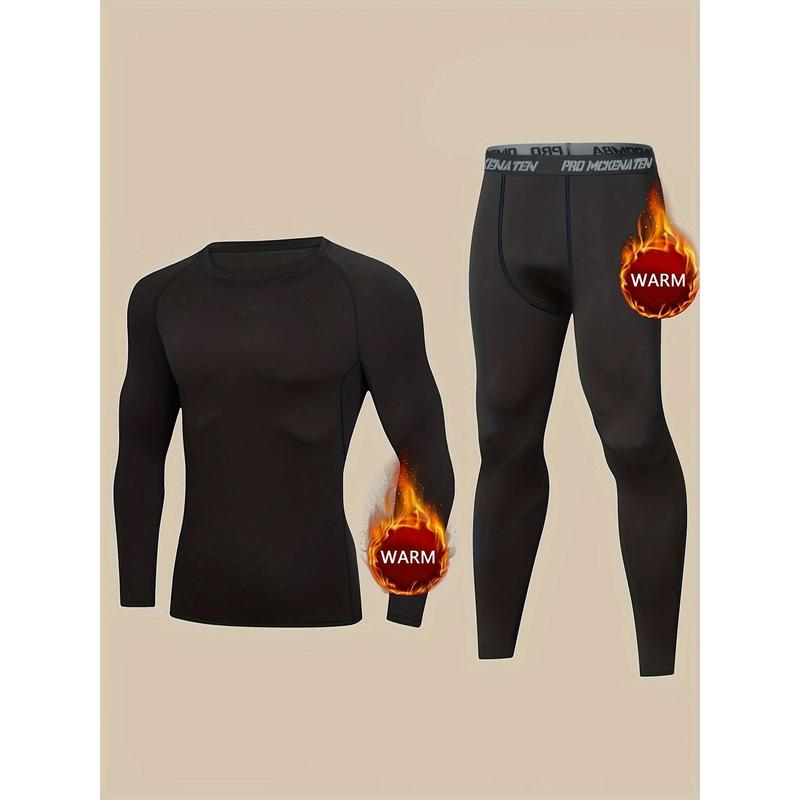 Men's Thermal Underwear Set, Skiing Winter Warm Base Layers, Tight Long Sleeve Round Neck Top & Bottom Pants Set