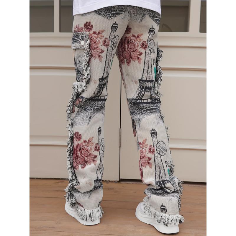 Men's Vintage Butterfly Pattern Loose Straight Leg Long Pants - Hip Hop Style Denim Jeans for Outdoor Activities with Raw Hem Design and Relaxed Fit Menswear Polyester Underwear Trouser Human Fabric Floral Fashion