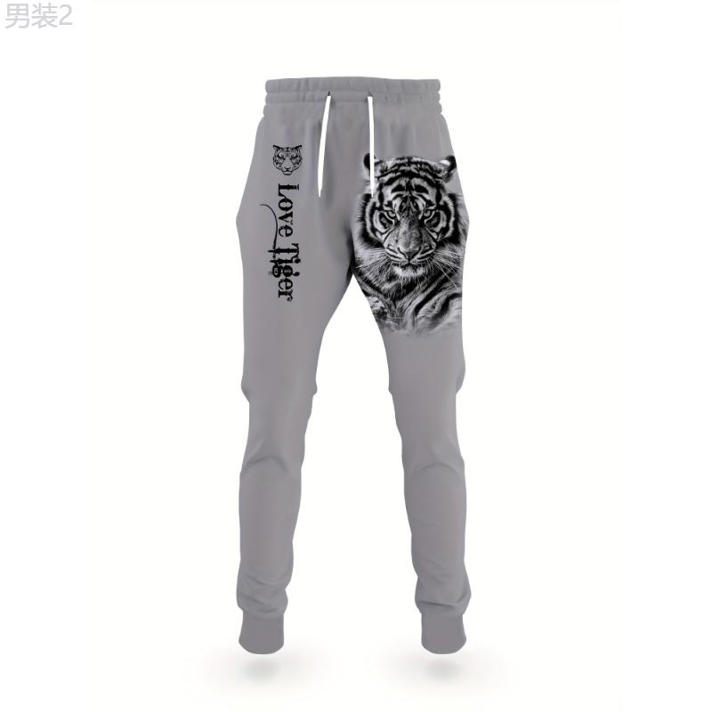 Men's Tiger Pattern Print Fashion Novelty Pajamas Loungewear Set, Hoodie And Sweatpants Set, Long Sleeve Sweatshirts Jogger Pant 2 Piece Outfits For Men Fabric Menswear