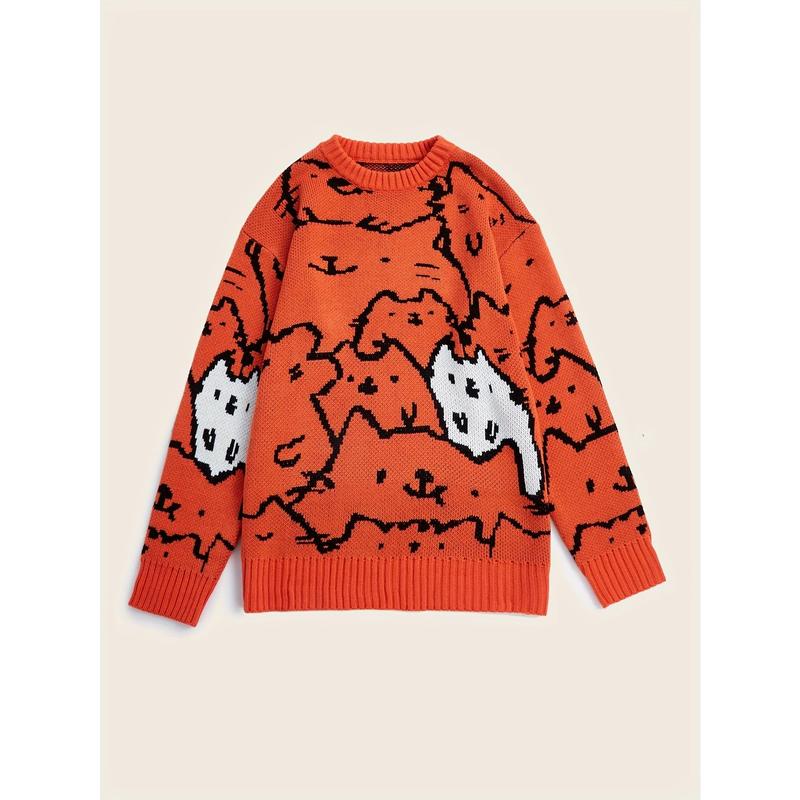 Men's Autumn and Winter Cute Cat Pattern Knitted Sweater, Leisure Warm Micro-Elastic Boat Neck Pullover Sweater