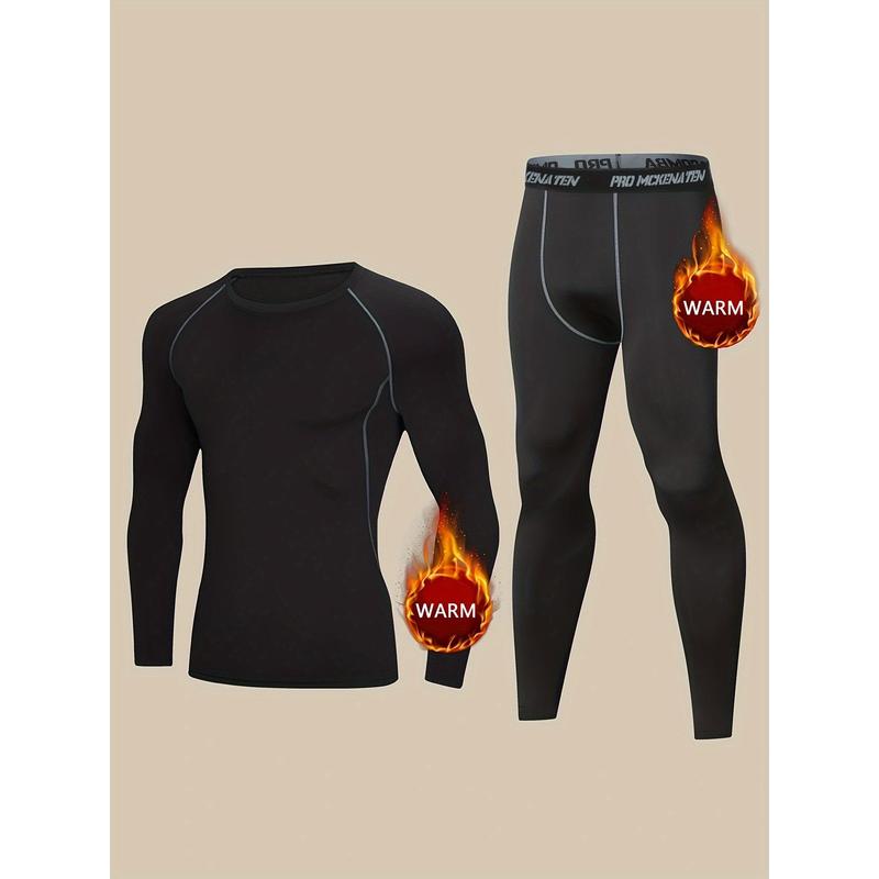 Men's Thermal Underwear Set, Skiing Winter Warm Base Layers, Tight Long Sleeve Round Neck Top & Bottom Pants Set