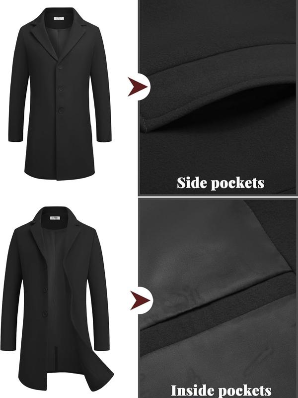 COOFANDY B Mens Wool Blend Coat Winter Trench Coats Notched Lapel Collar Single Breasted Overcoat Classic Peacoat With Pockets Menswear Casual