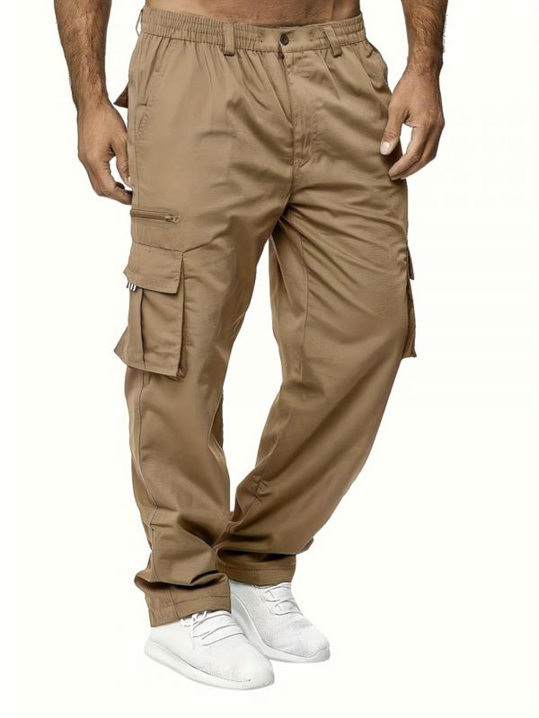 Men's Solid Multi-pocket Elastic Waist Sports Cargo Pants, Regular Fit Sporty Pocket Trousers for Outdoor Activities, Men's Bottoms