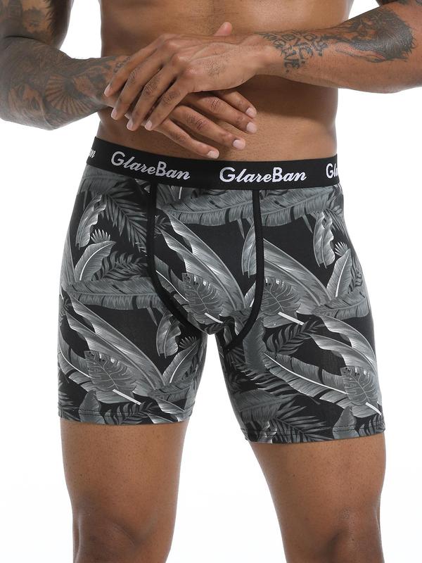 Men's Leaf   Print Letter Tape Boxer Brief, Casual Comfy Breathable Underwear for Daily Wear, Men's Underwear for All Seasons