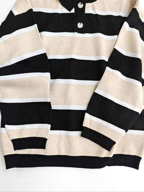  Colorblock Striped Print Half Button Front Polo Neck Sweater, Casual Drop Shoulder Long Sleeve Jumper for Fall & Winter, Men's Clothing for Daily Wear