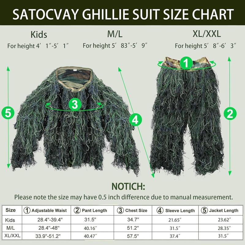 5 in 1 Ghillie Suit, 3D Camouflage  Apparel for Men Youth  Including Jacket, Pants, Hood, Carry Bag