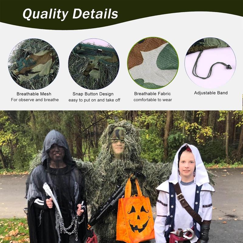 5 in 1 Ghillie Suit, 3D Camouflage  Apparel for Men Youth  Including Jacket, Pants, Hood, Carry Bag