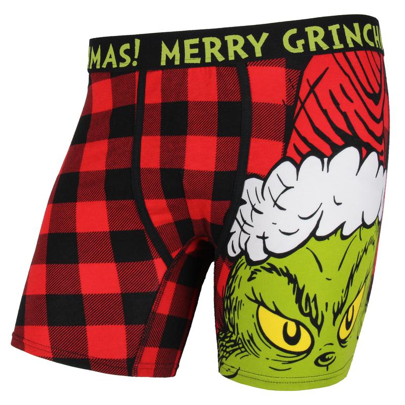 Grinch Boxers Dr. Seuss Men's Grinch Santa Merry Grinchmas Holiday Novelty Buffalo Plaid Boxer Briefs Underwear