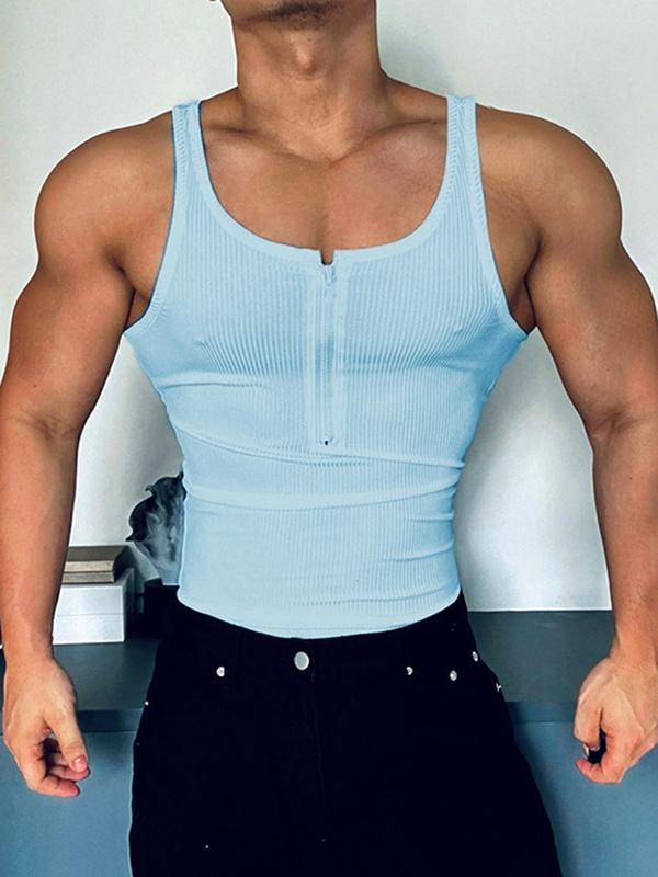 Men's Solid Color Half Zip Scoop Neck Tank Top, Regular Fit Casual Racer Back Sleeveless Top for Daily Wear, Men's Clothes for All Seasons