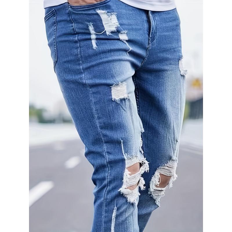 Slim Fit Ripped Cotton Blend Jeans, Men's Casual Street Style Distressed Mid Stretch Denim Pants For Spring Summer