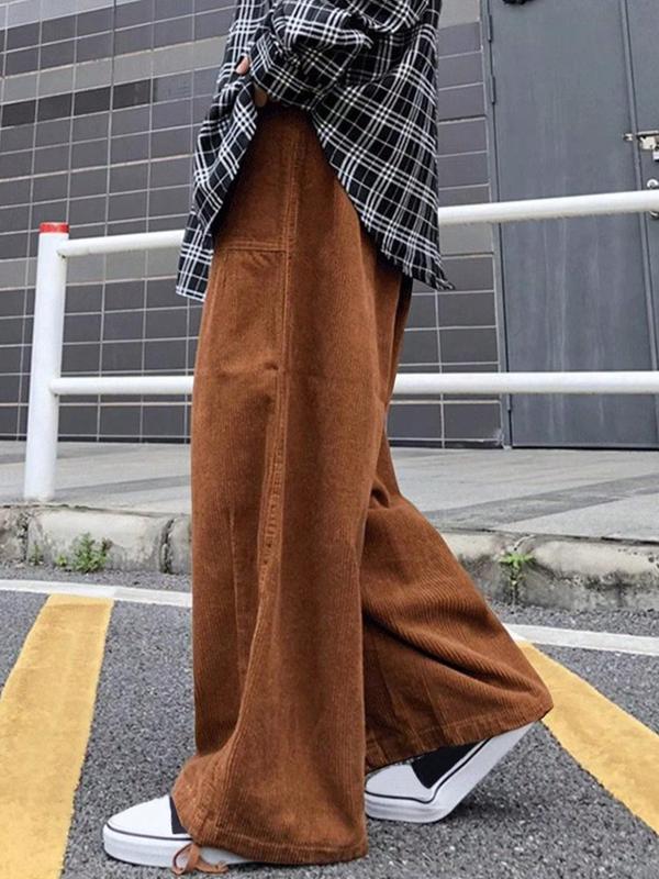 Unisex Men's Solid Pocket Drawstring Waist Wide Leg Pants, Loose Casual Comfy Corduroy Trousers for Spring & Fall, Fashion Men's Bottoms for Daily Wear