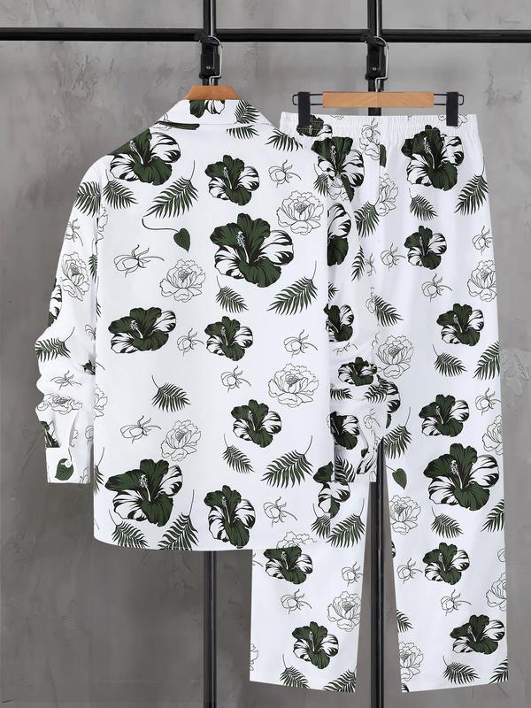 Two-Piece Set Men's Floral Print Button Front Shirt & Drawstring Waist Pants Pyjama, Regular Fit Casual Comfy Long Sleeve Collared Top & Long Trousers PJ Set, Men's Sleepwear for Spring & Fall