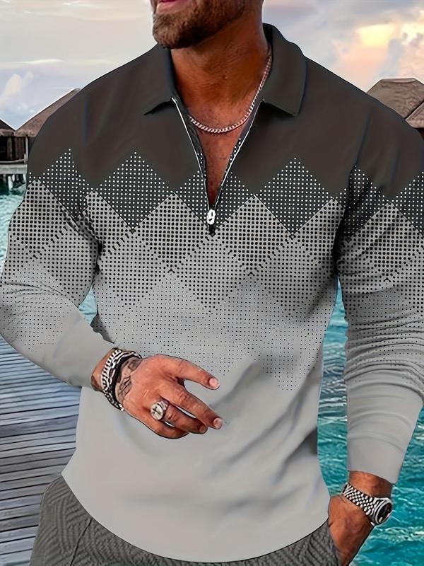 Men's Geometric Print Half Zip Polo Shirt, Regular Fit Casual Long Sleeve Collared Top for All Seasons, Fashion Men's Clothes for Daily Wear