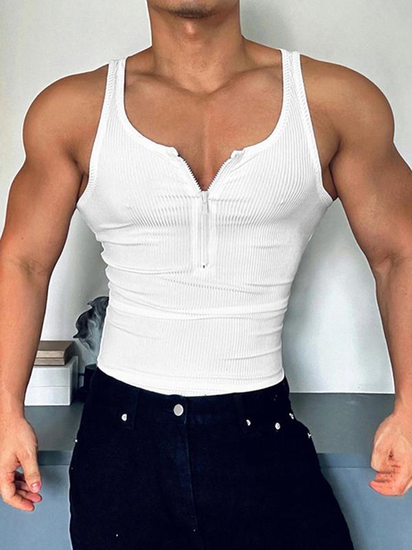 Men's Solid Color Half Zip Scoop Neck Tank Top, Regular Fit Casual Racer Back Sleeveless Top for Daily Wear, Men's Clothes for All Seasons