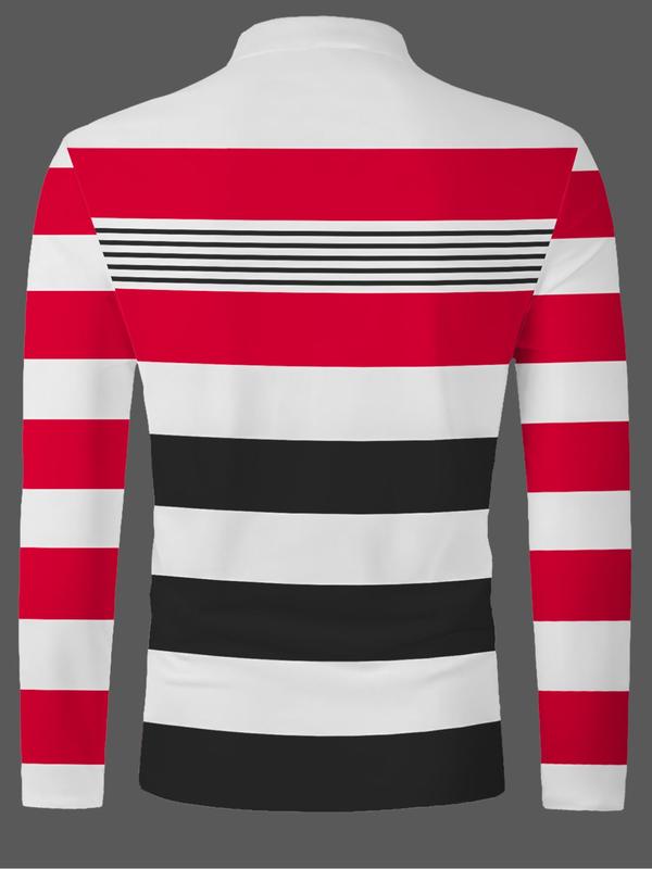 Men's Striped Print Half Button Polo Shirt, Regular Fit Casual Long Sleeve Collared Top for Fall & Winter, Men's Clothes for Daily Wear