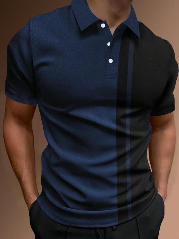 Men's Regular Fit Colorblock Short Sleeve Polo Shirt, Casual Button Front Top for Summer, Fashion Men's Clothes for Daily Streetwear, Boys Clothing