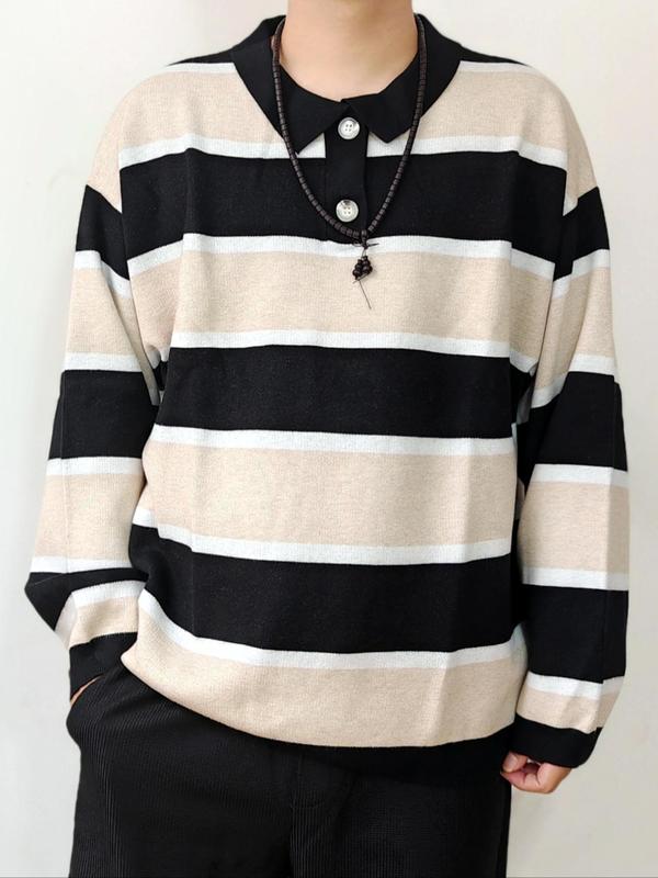  Colorblock Striped Print Half Button Front Polo Neck Sweater, Casual Drop Shoulder Long Sleeve Jumper for Fall & Winter, Men's Clothing for Daily Wear