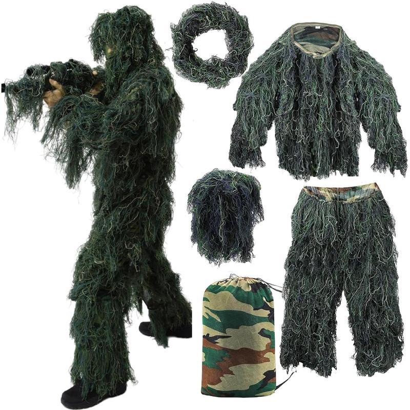 5 in 1 Ghillie Suit, 3D Camouflage  Apparel for Men Youth  Including Jacket, Pants, Hood, Carry Bag