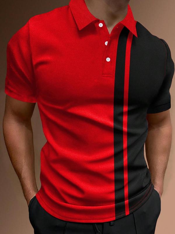 Men's Regular Fit Colorblock Short Sleeve Polo Shirt, Casual Button Front Top for Summer, Fashion Men's Clothes for Daily Streetwear, Boys Clothing