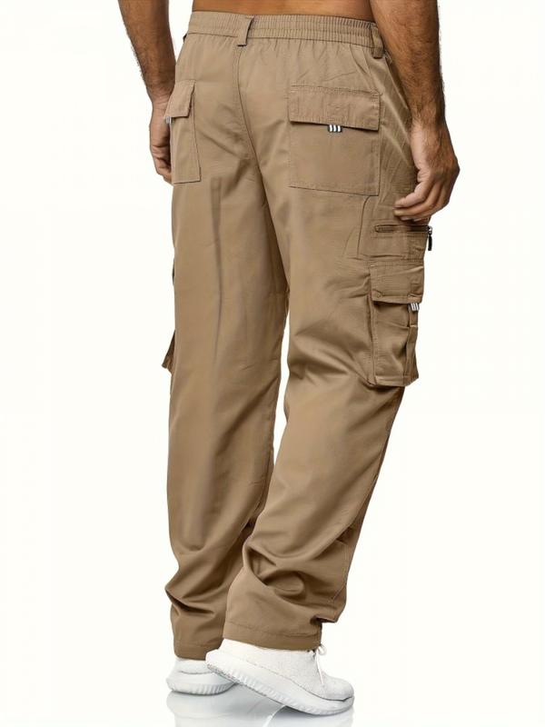 Men's Solid Multi-pocket Elastic Waist Sports Cargo Pants, Regular Fit Sporty Pocket Trousers for Outdoor Activities, Men's Bottoms