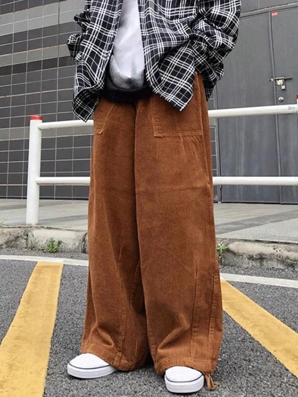 Unisex Men's Solid Pocket Drawstring Waist Wide Leg Pants, Loose Casual Comfy Corduroy Trousers for Spring & Fall, Fashion Men's Bottoms for Daily Wear