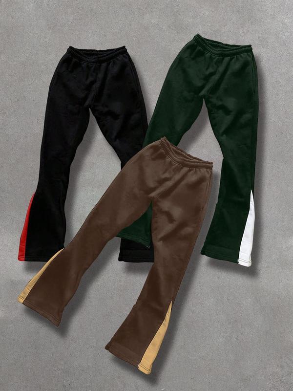 Men's Colorblock Drawstring Waist Flare Leg Pants, Casual Comfy Pocket Bell Bottom Trousers for Daily Wear, Men's Bottoms for All Seasons