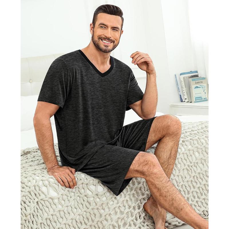 Mens Pajama Sets Short Sleeve Summer Pjs With Pocket 2Pcs Soft Comfy Nightwear Soft Sleepwear S-XXL