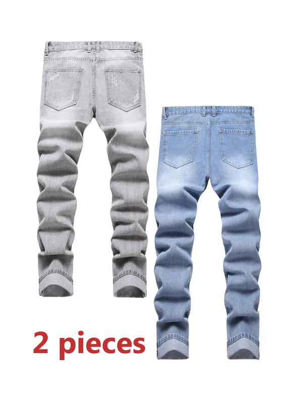 Men's 2 Pieces Slim Fit Ripped Jeans, Grey & Blue Straight Leg Fashion Casual Trouer Suitable For Various Occasion, Comfy Soft Breathable Denim Pants