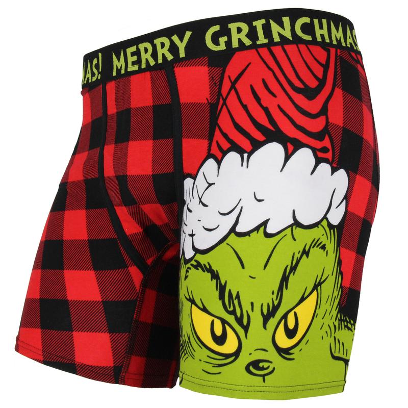 Grinch Boxers Dr. Seuss Men's Grinch Santa Merry Grinchmas Holiday Novelty Buffalo Plaid Boxer Briefs Underwear