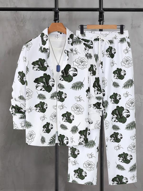 Two-Piece Set Men's Floral Print Button Front Shirt & Drawstring Waist Pants Pyjama, Regular Fit Casual Comfy Long Sleeve Collared Top & Long Trousers PJ Set, Men's Sleepwear for Spring & Fall