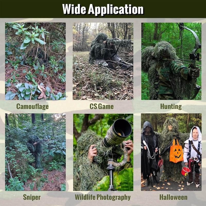 5 in 1 Ghillie Suit, 3D Camouflage  Apparel for Men Youth  Including Jacket, Pants, Hood, Carry Bag