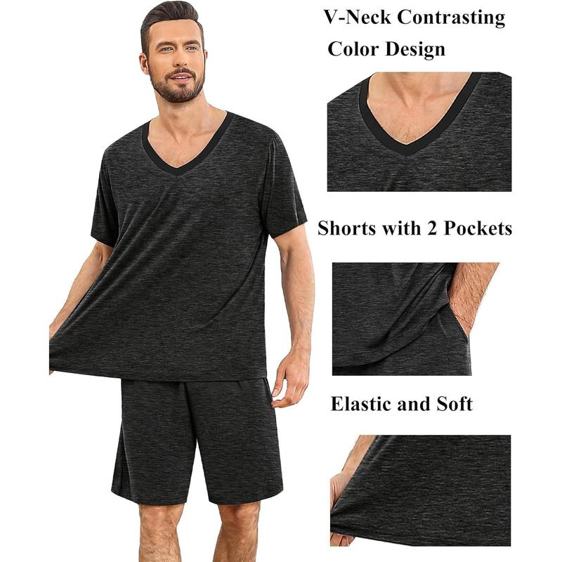 Mens Pajama Sets Short Sleeve Summer Pjs With Pocket 2Pcs Soft Comfy Nightwear Soft Sleepwear S-XXL