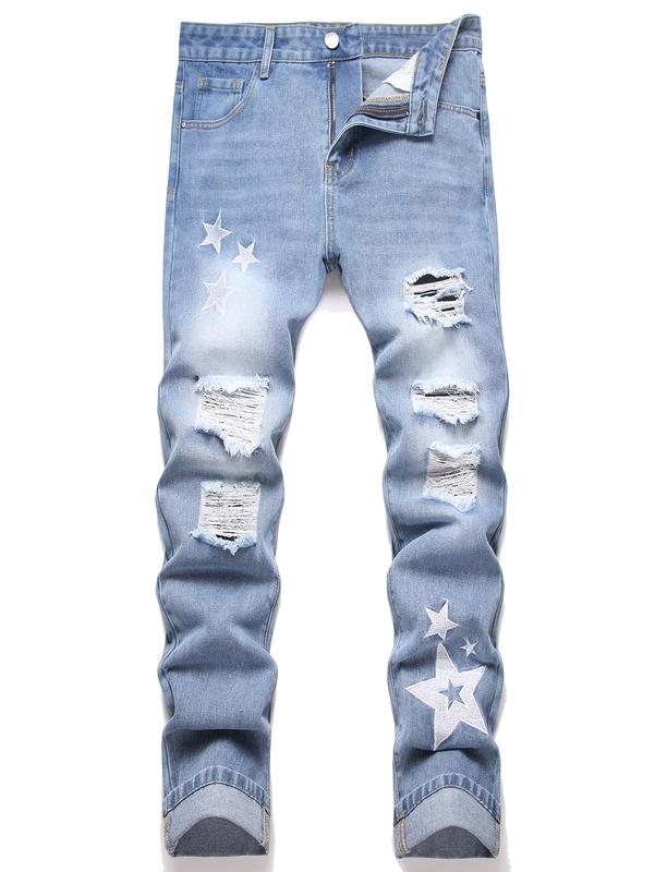 Men's 2 Pieces Slim Fit Ripped Jeans, Grey & Blue Straight Leg Fashion Casual Trouer Suitable For Various Occasion, Comfy Soft Breathable Denim Pants