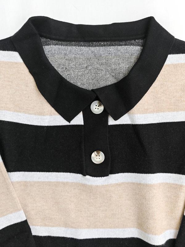  Colorblock Striped Print Half Button Front Polo Neck Sweater, Casual Drop Shoulder Long Sleeve Jumper for Fall & Winter, Men's Clothing for Daily Wear