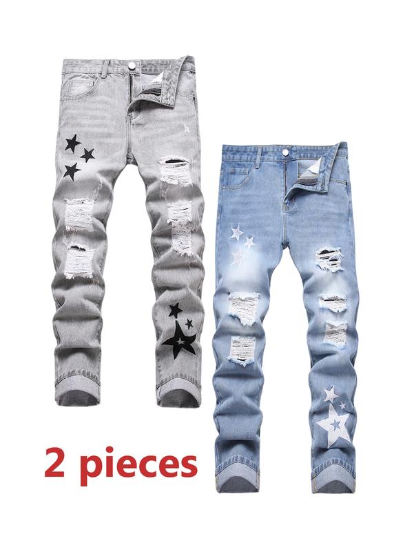 Men's 2 Pieces Slim Fit Ripped Jeans, Grey & Blue Straight Leg Fashion Casual Trouer Suitable For Various Occasion, Comfy Soft Breathable Denim Pants