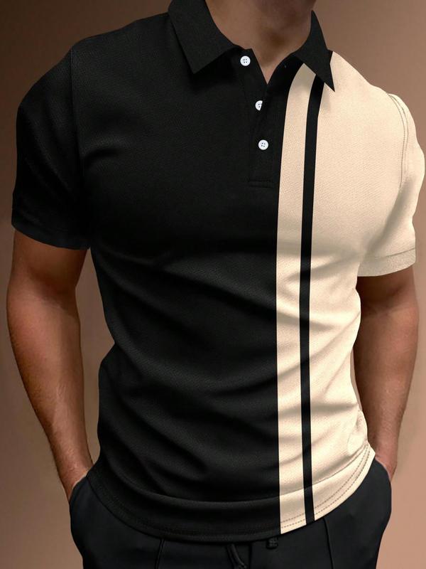 Men's Regular Fit Colorblock Short Sleeve Polo Shirt, Casual Button Front Top for Summer, Fashion Men's Clothes for Daily Streetwear, Boys Clothing