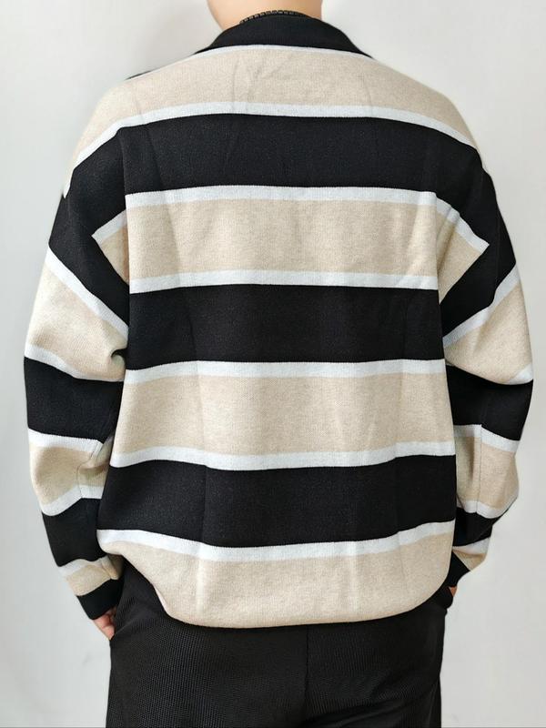  Colorblock Striped Print Half Button Front Polo Neck Sweater, Casual Drop Shoulder Long Sleeve Jumper for Fall & Winter, Men's Clothing for Daily Wear