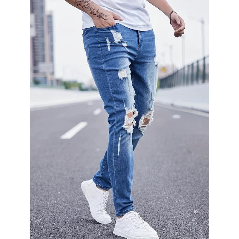 Slim Fit Ripped Cotton Blend Jeans, Men's Casual Street Style Distressed Mid Stretch Denim Pants For Spring Summer