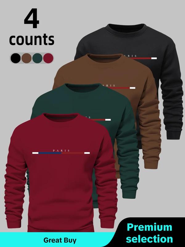 Men's Letter & Geometric Print Drop Shoulder Warm Sweatshirts , Casual Loose Long Sleeve Round Neck Pullover for Fall & Winter, Mens Apparel, Men's Clothing for Daily Wear