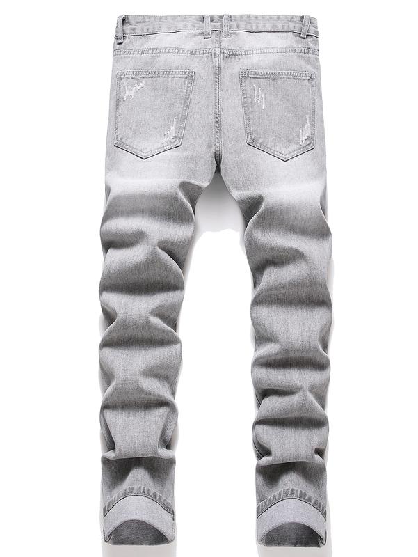 Men's 2 Pieces Slim Fit Ripped Jeans, Grey & Blue Straight Leg Fashion Casual Trouer Suitable For Various Occasion, Comfy Soft Breathable Denim Pants