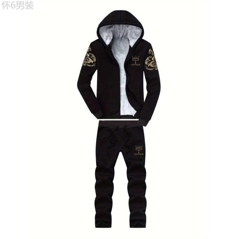 2pcs, Golden, Thermal Fleece Lined, Men's Casual Zipper Hooded Jacket & Drawstring Sweatpants Set, Classical Pattern Print, Cozy Warm Outfit for Autumn and Winter Clothing Fabric Menswear Sleeve Collar Polyester Stretch Suits Stretch Suits Tops Gamis