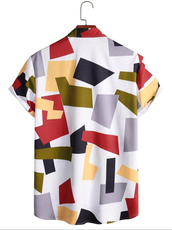 Men's Summer 2024 Geometric Print Button Front Shirt, Regular Fit Casual Short Sleeve Collar Shirt for Summer, Fashion Men's Top for Daily Wear