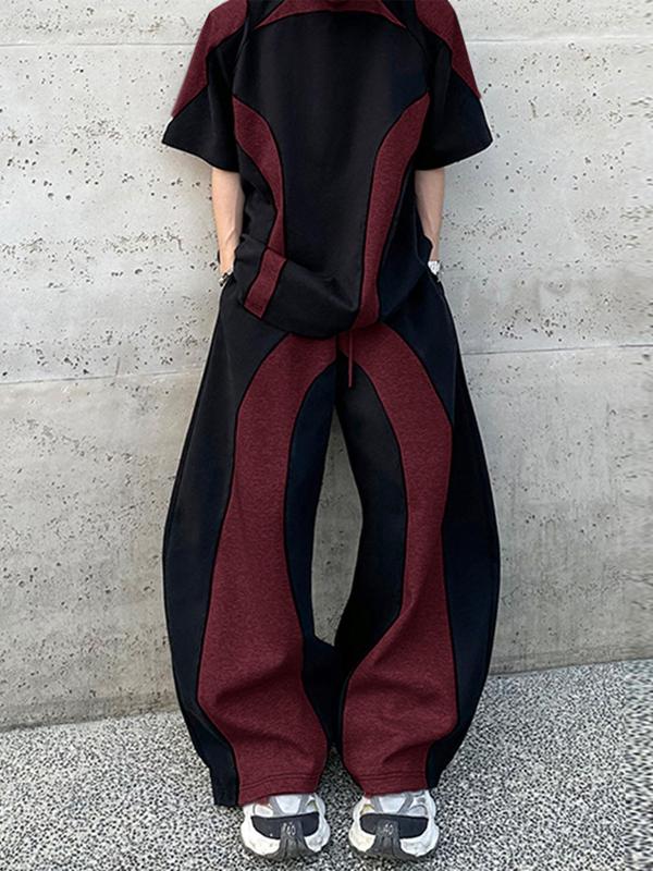 Men's Colorblock Half Sleeve Tee & Drawstring Waist Wide Leg Pants Two-piece Set, Casual Round Neck Half Sleeve T-shirt & Trousers for Daily Wear, Men's Two-piece Outfits for All Seasons